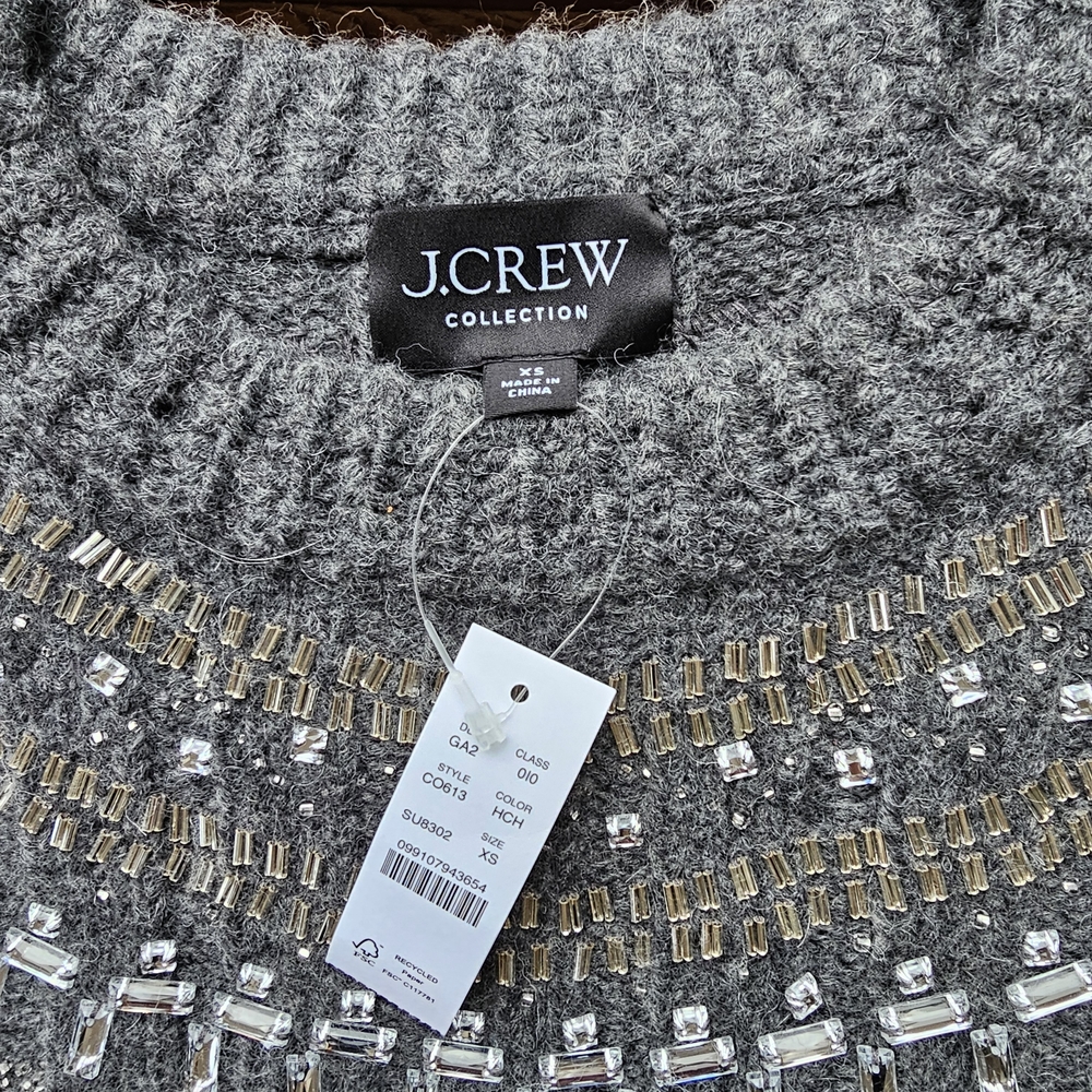 New! J. Crew Sz XS Gray Crystal Stone Fair Isle Wool Sweater NWT - Picture 6 of 13